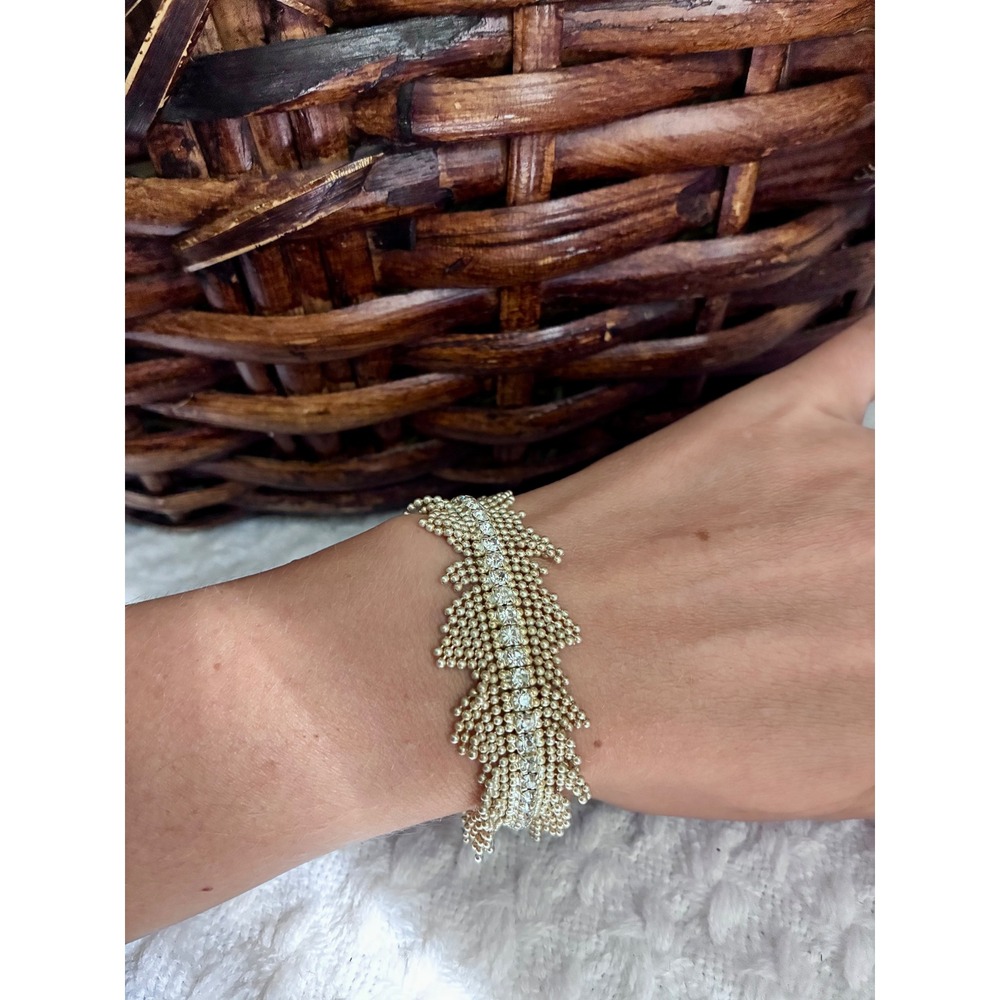 Gold Rhinestone Fringe Bracelet Multi Strand Tassel Statement Glam